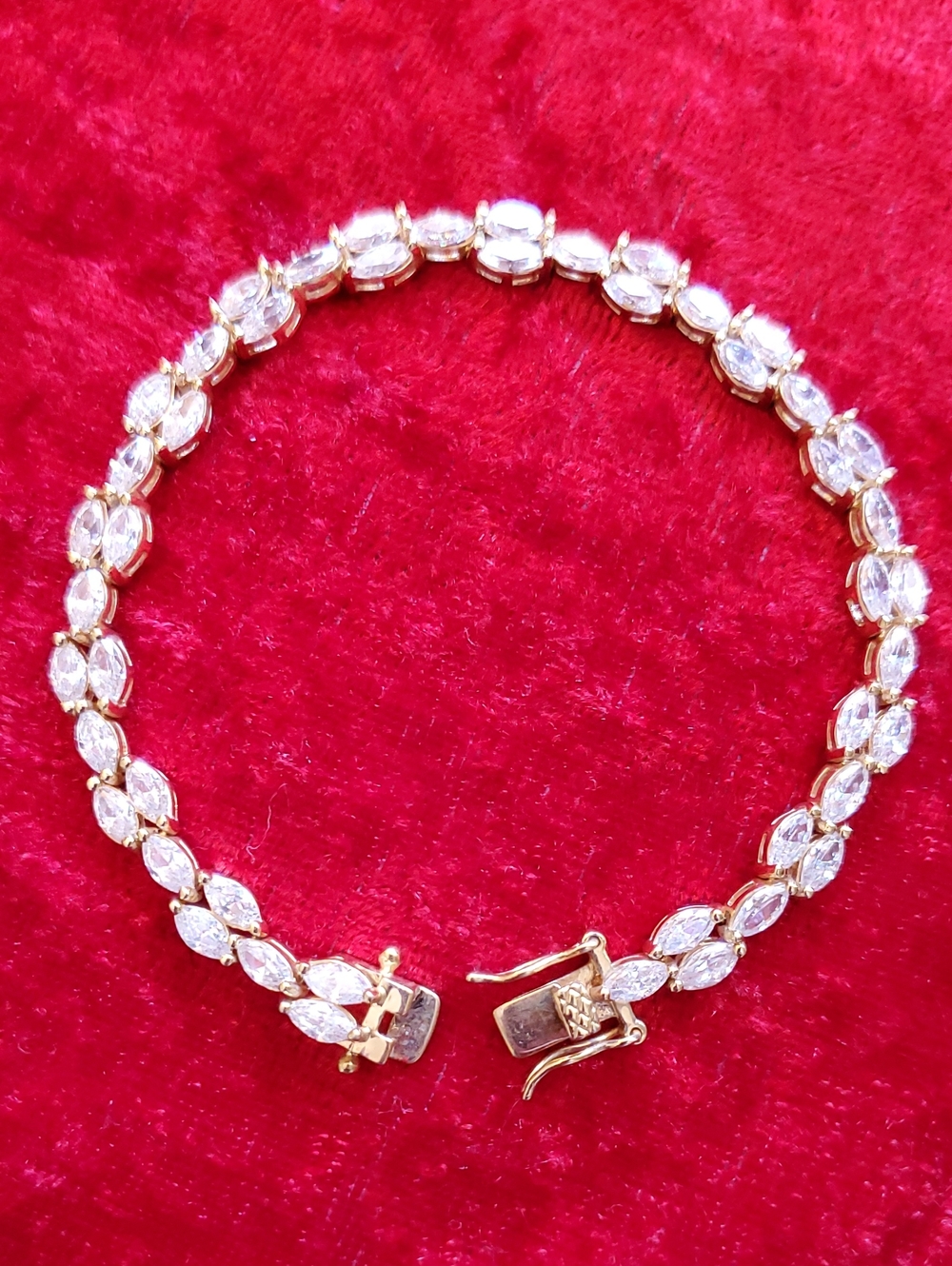 Gold Over Sterling Signed JC JACMEL Marquis Cut CZ Tennis Bracelet